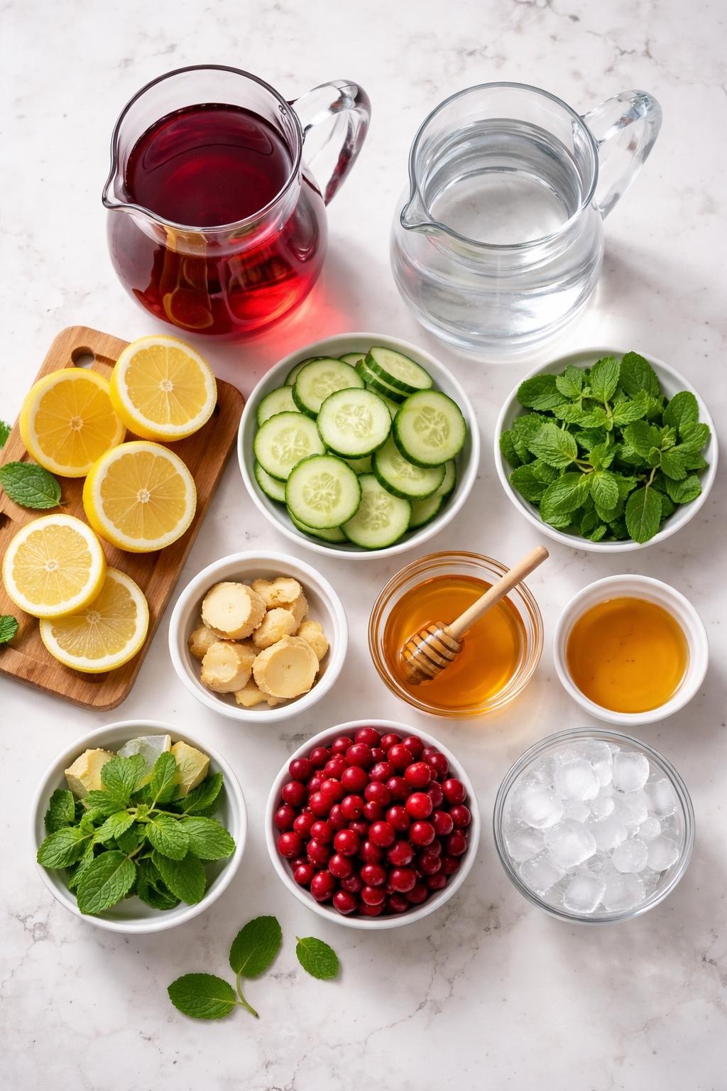 Prompt: A realistic top-down flat lay food photography shot of all ingredients for the best cranberry detox drink arranged neatly on a countertop marble table: unsweetened cranberry juice in a clear glass pitcher, cold water in a clear glass pitcher, fresh lemon halves and lemon rounds, thin cucumber slices, fresh mint leaves, peeled fresh ginger pieces, honey in a small clear bowl, apple cider vinegar in a small clear bowl, whole fresh cranberries in a small clear bowl, and ice cubes in a small clear bowl. Clean natural lighting, fresh ruby red drink styling, neat composition, no people, no hands, no text, no watermarks, no props with writing.