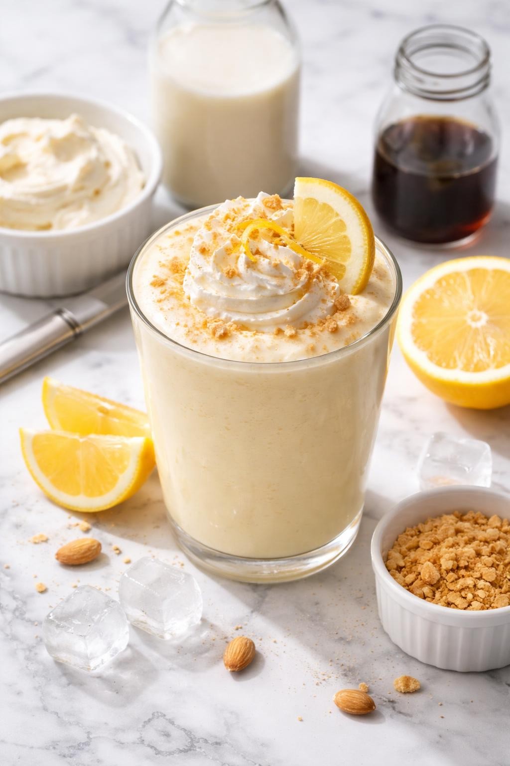 Realistic top-down editorial food photography of a lemon cheesecake low carb smoothie served in a clear glass on a clean white and gray marble countertop. The smoothie is pale cream-yellow, thick, smooth, and creamy, styled with lemon slices, cream cheese in a plain dish, almond milk, vanilla, and a few ice cubes nearby. Bright natural daylight, clean dessert-inspired smoothie styling, high detail, realistic creamy texture, no people, no hands, no text, no watermarks, no props with writing.