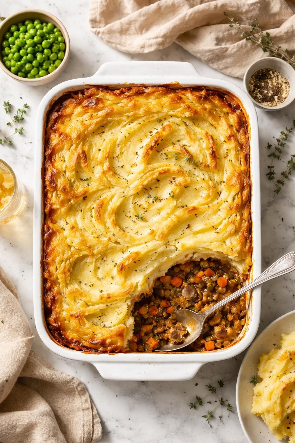 Image Prompt: Top-down realistic editorial food photography of vegan shepherd’s pie in a white baking dish on a clean white and gray marble countertop, rich lentil and vegetable filling topped with golden mashed potatoes, cozy homemade Thanksgiving dinner styling, bright natural light, soft shadows, high detail, no people, no hands, no text, no watermarks, no props with writing.