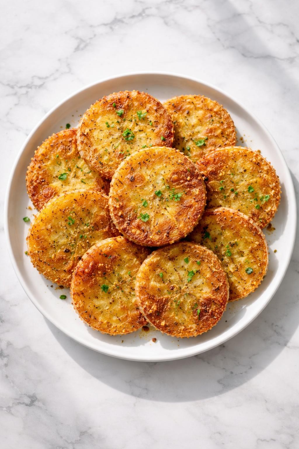 Image Prompt: Top-down realistic editorial food photography of vegan fried green tomatoes on a white plate over a clean marble countertop, golden cornmeal-coated green tomato slices with crisp edges, bright natural daylight, classic Southern comfort food mood, no people, no hands, no text, no watermarks, no props with writing.