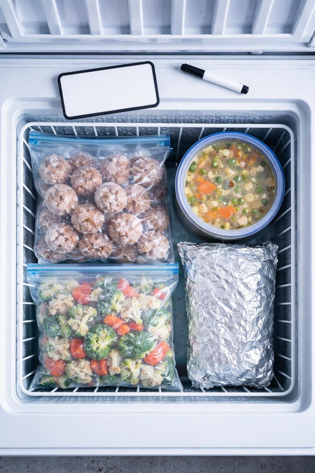 Prompt: Realistic top-down editorial food photography of an open chest freezer with labeled bags and containers: a bag of frozen meatballs, a container of homemade soup, a bag of frozen chopped veggies, and a foil-wrapped burrito. A small whiteboard and marker sit on top of the freezer for labeling. Cool blue-toned lighting, organized and practical freezer storage, no people, no hands, no text, no watermarks, no props with writing.