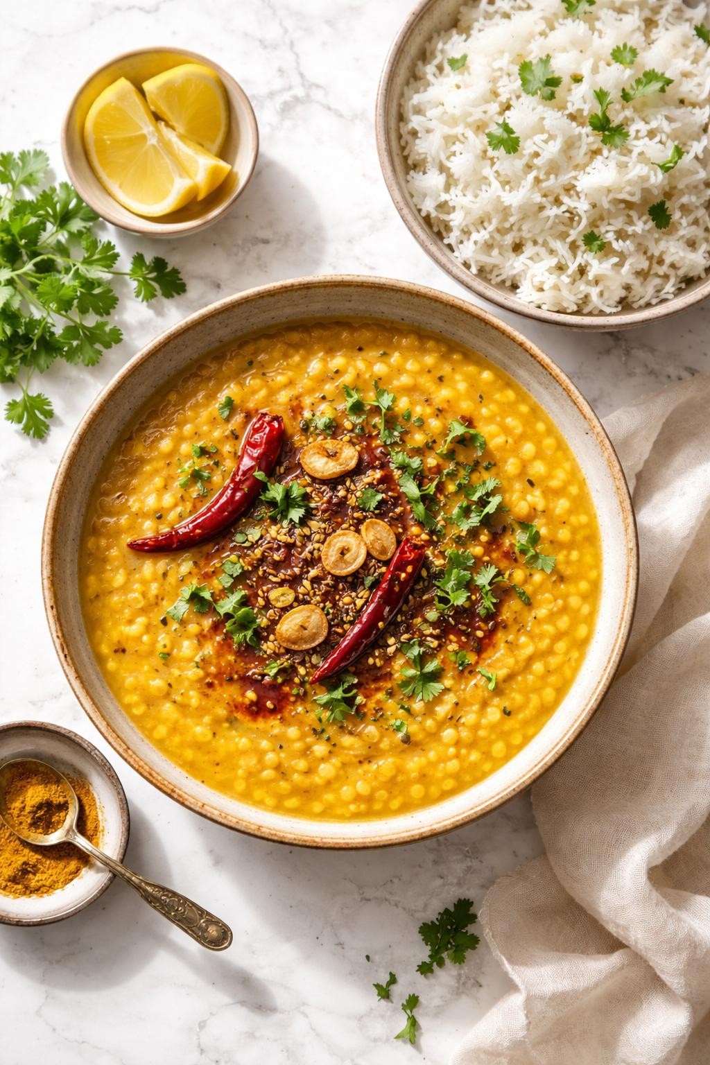 Image Prompt: Realistic top-down editorial food photography of vegan dal tadka in a rustic bowl on a white marble countertop, soft yellow lentils in a creamy golden broth topped with sizzling garlic, cumin seeds, red chili, and cilantro, served with steamed basmati rice, cozy homemade Indian comfort food styling, bright natural daylight, soft shadows, clean editorial composition, high detail, realistic texture, no people, no hands, no text, no watermarks, no props with writing.