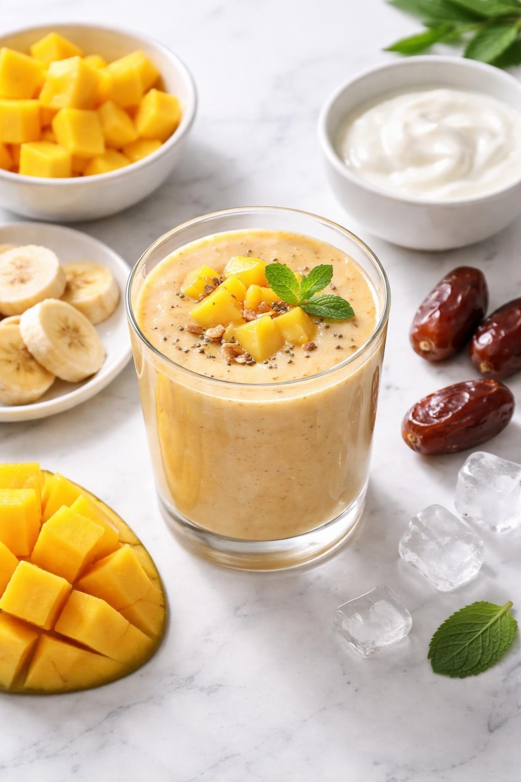 Realistic top-down editorial food photography of a mango date smoothie in a clear glass on a clean white marble countertop. The smoothie is golden yellow-beige, thick, smooth, and creamy, styled with mango cubes, pitted dates, banana slices, yogurt in a plain bowl, and a few ice cubes nearby. Bright natural window lighting, clean tropical smoothie styling, high detail, realistic smoothie texture, no people, no hands, no text, no watermarks, no props with writing.