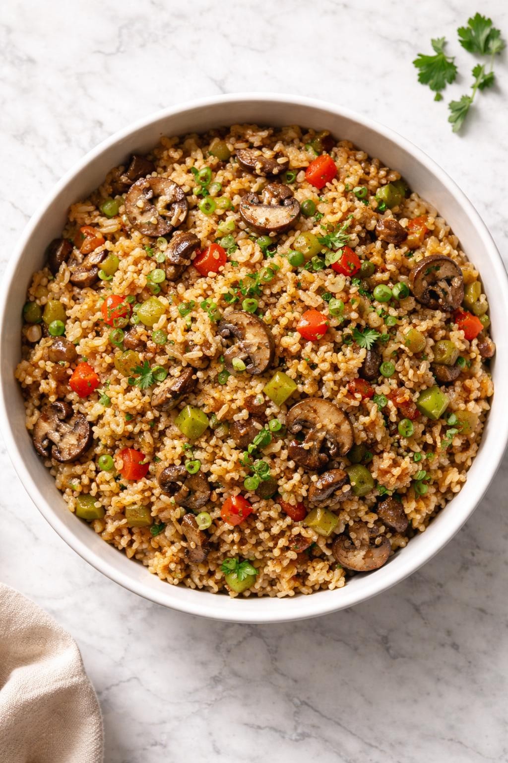 Image Prompt: Top-down realistic food photography of vegan dirty rice in a white bowl on a clean marble countertop, seasoned rice cooked with mushrooms, peppers, celery, onions, and herbs, warm natural daylight, hearty soul food side or main dish mood, no people, no hands, no text, no watermarks, no props with writing.