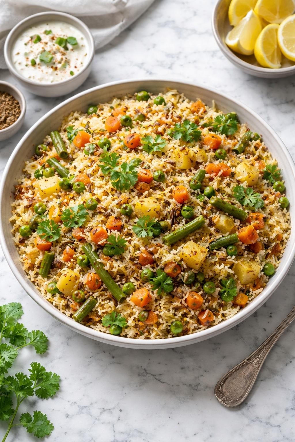 Image Prompt: Realistic top-down editorial food photography of vegetable biryani in a wide serving bowl on a clean white and gray marble countertop, fluffy long-grain basmati rice layered with peas, carrots, green beans, potatoes, onions, and warm Indian spices, topped with cilantro, cozy homemade vegan meal mood, bright natural window lighting, soft shadows, clean composition, high detail, realistic food texture, no people, no hands, no text, no watermarks, no props with writing.