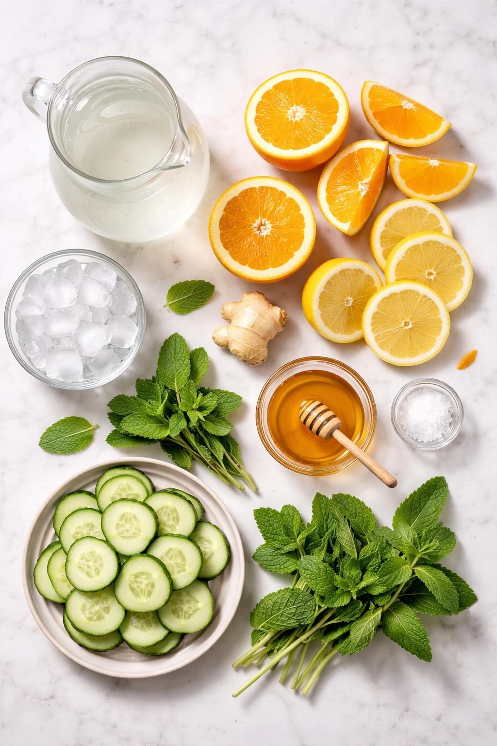 Prompt: A realistic top-down flat lay food photography shot of all ingredients for a cortisol detox drink arranged neatly on a countertop marble table: coconut water in a clear glass pitcher, fresh orange halves and orange slices, lemon halves and lemon rounds, cucumber slices, fresh mint leaves, honey in a small clear bowl, a small piece of peeled fresh ginger, a tiny pinch of sea salt in a small clear bowl, and ice cubes in a small clear bowl. Clean natural lighting, fresh calming drink styling, no people, no hands, no text, no watermarks, no props with writing.