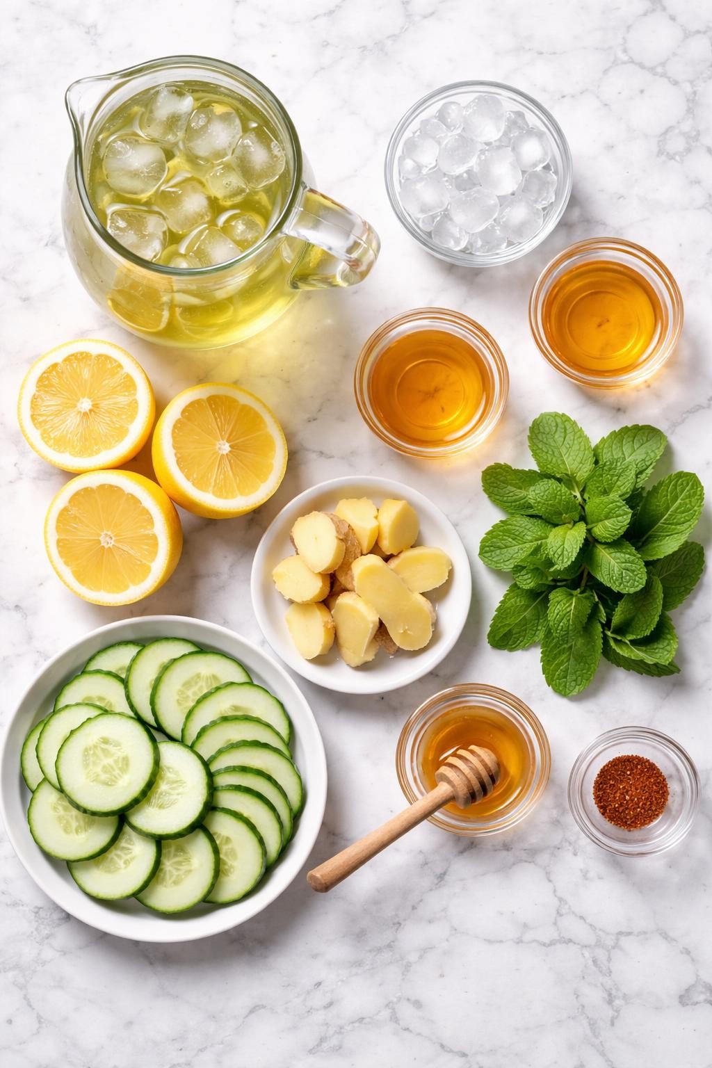 Prompt: A realistic top-down flat lay food photography shot of all ingredients for a fat burning morning detox drink arranged neatly on a countertop marble table: brewed chilled green tea in a clear glass pitcher, fresh lemon halves and lemon rounds, thin cucumber slices, peeled fresh ginger pieces, fresh mint leaves, honey in a small clear bowl, apple cider vinegar in a small clear bowl, a tiny pinch of cayenne pepper in a small clear bowl, and ice cubes in a small clear bowl. Clean natural lighting, fresh morning drink styling, neat composition, no people, no hands, no text, no watermarks, no props with writing.