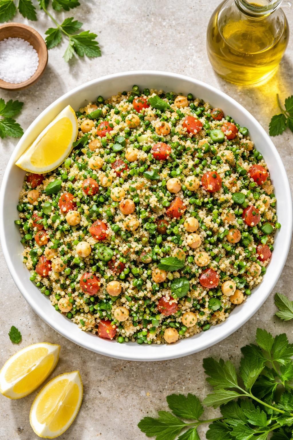 "Realistic top-down food photography of a large white bowl filled with quinoa tabbouleh on a stone countertop. The salad contains fluffy quinoa, finely chopped parsley, mint, tomatoes, cucumber, and chickpeas. A lemon wedge and olive oil bottle in the background. Bright Mediterranean light, fresh and herbaceous vegan lunch, no people, no hands, no text, no watermarks."