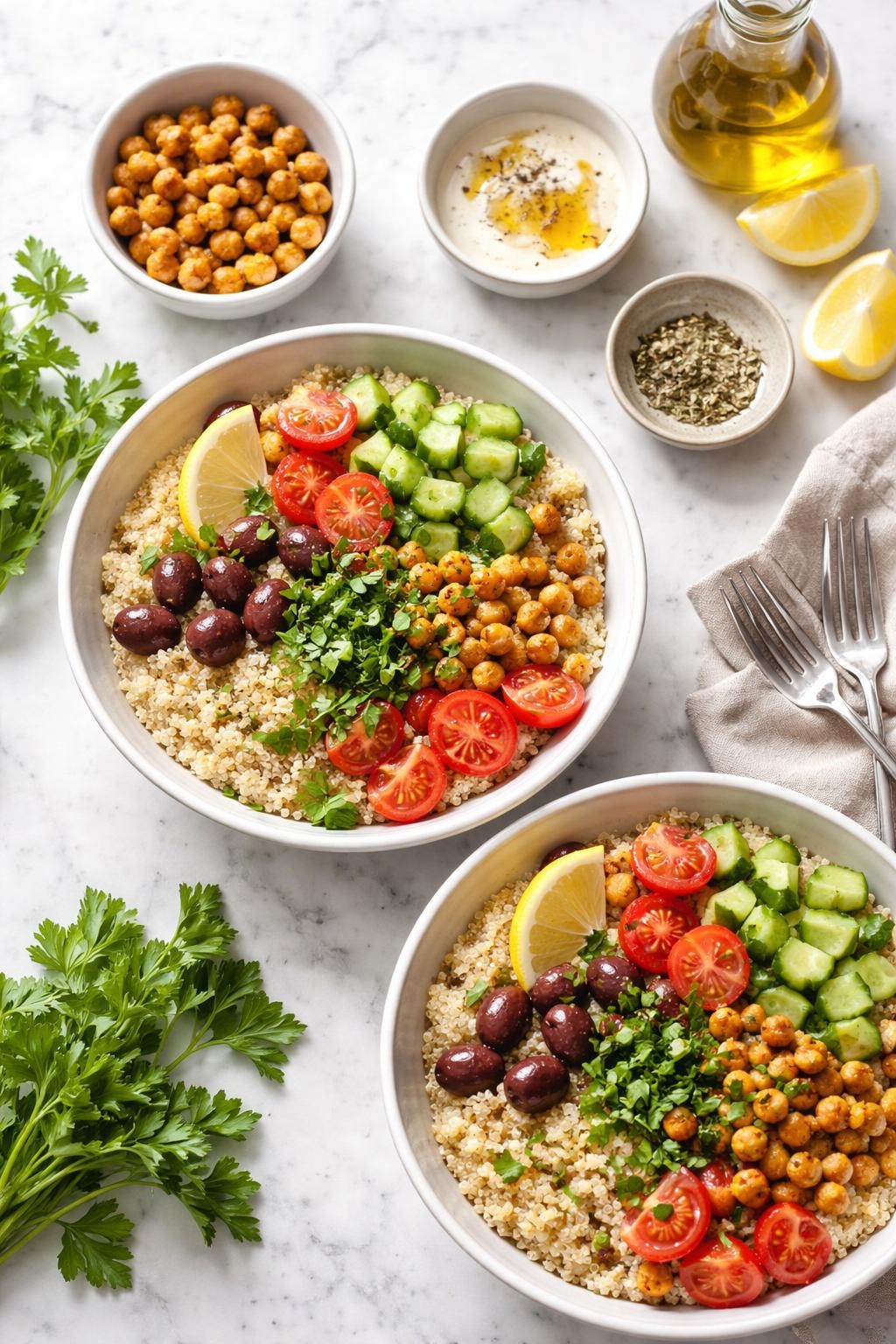 Image Prompt: Top-down realistic editorial food photography of Mediterranean quinoa bowls on a clean white and gray marble countertop, fluffy quinoa topped with cucumber, tomatoes, olives, chickpeas, and parsley, fresh homemade vegan meal styling, bright natural window lighting, soft shadows, high detail, realistic food texture, no people, no hands, no text, no watermarks, no props with writing.