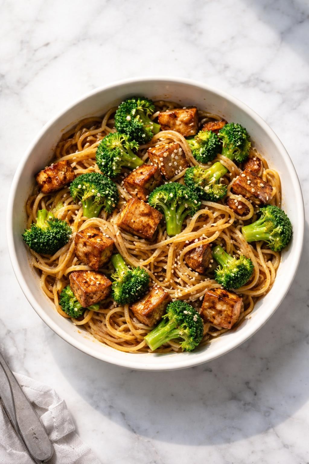 Image Prompt: Top-down realistic editorial food photography of a bowl of homemade vegan tempeh and broccoli noodles on a clean white and gray marble countertop, noodles tossed with browned tempeh, broccoli florets, and a glossy savory sauce, warm quick homemade dinner mood, bright natural window lighting, soft shadows, high detail, no people, no hands, no text, no watermarks, no props with writing.
