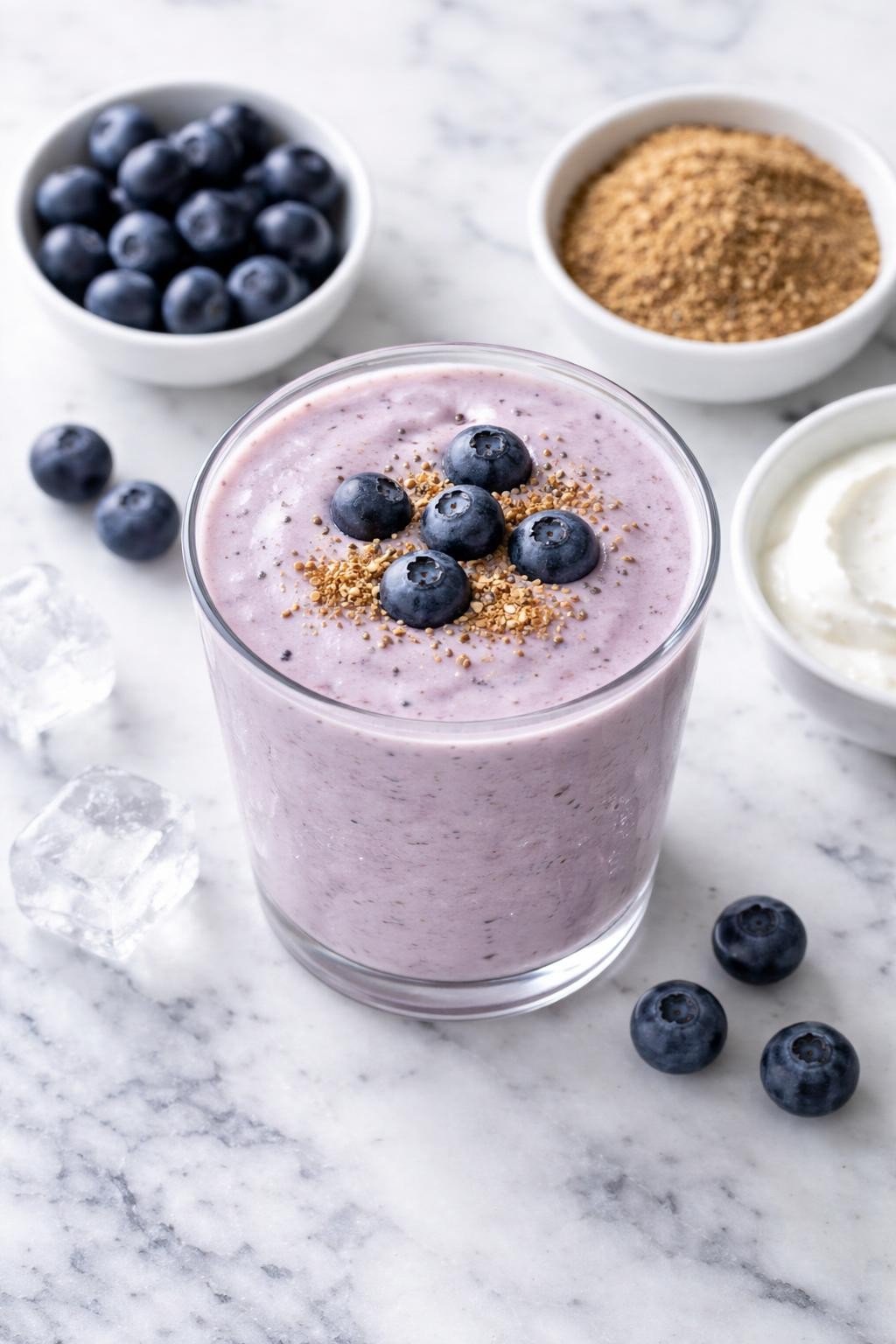 Realistic top-down food photography of a blueberry flax low carb smoothie in a clear glass on a clean white and gray marble countertop. The smoothie is pale purple, creamy, thick, and smooth, styled with blueberries, ground flaxseed in a plain dish, Greek yogurt, and a few ice cubes nearby. Bright natural daylight, clean homemade smoothie styling, high detail, realistic texture, no people, no hands, no text, no watermarks, no props with writing.