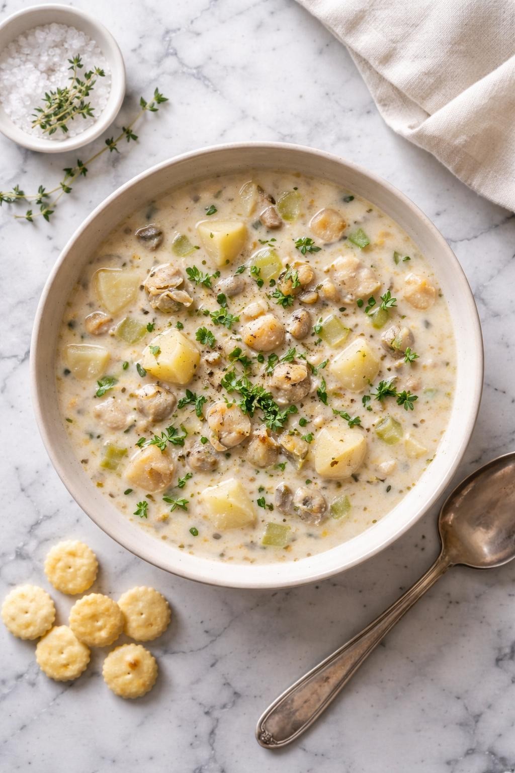 Prompt: Top-down realistic editorial food photography of a bowl of potato and herb clam chowder on a clean white and gray marble countertop, creamy chowder filled with chopped clams, tender diced potatoes, onion, celery, and fresh green herbs throughout, thick pale broth with a rustic homemade look, simple neutral bowl, warm comforting soup mood, bright natural window lighting, soft shadows, clean composition, high detail, realistic food texture, no people, no hands, no text, no watermarks, no props with writing.