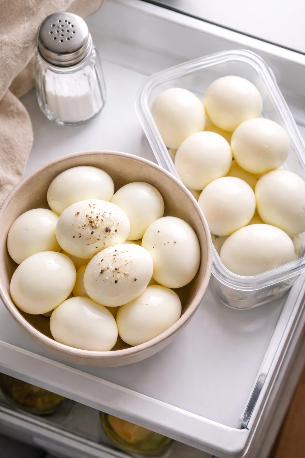 Photo prompt: Realistic top-down editorial food photography of a bowl of hard-boiled eggs with shells removed, sitting next to a container of peeled eggs in the fridge. A salt shaker. Soft natural light, easy protein prep mood, no people, no hands, no text, no watermarks, no props with writing.