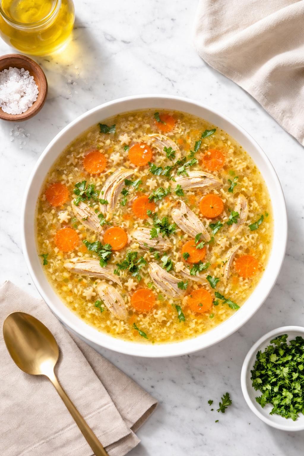 Image Prompt: Realistic top-down editorial food photography of chicken pastina soup in a white ceramic bowl on a clean marble countertop, golden broth with tiny pastina pasta, shredded chicken, sliced carrots, and chopped parsley, cozy homemade meal styling, bright natural light, soft shadows, no people, no hands, no text, no watermarks, no props with writing.