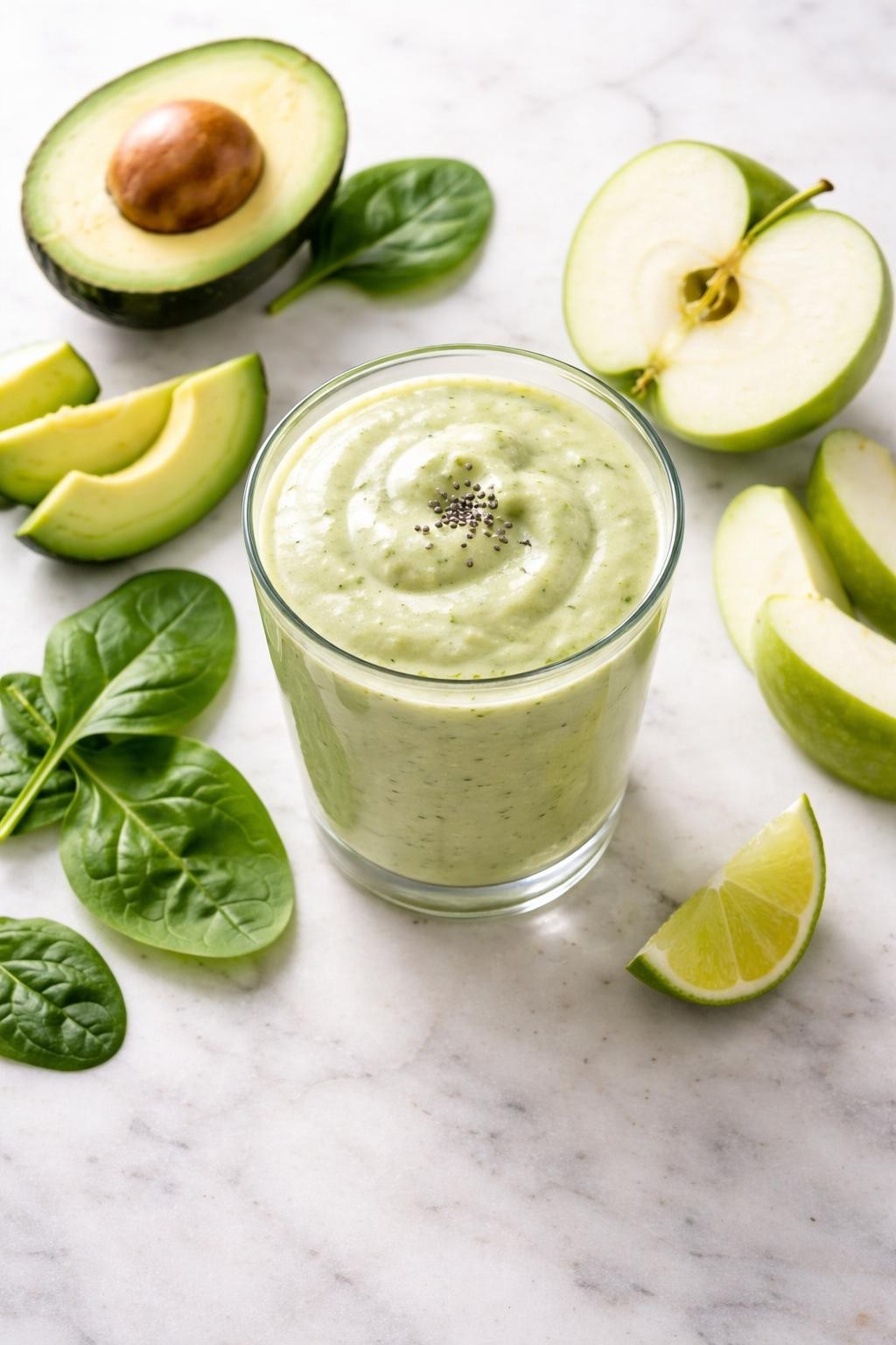 Realistic top-down editorial food photography of a creamy apple avocado smoothie served in a clear glass on a clean light marble countertop. The smoothie is pale green, thick, and smooth, with avocado slices, green apple wedges, spinach leaves, and a small lime wedge arranged neatly nearby. Soft natural light, clean healthy breakfast styling, realistic creamy texture, high detail, no people, no hands, no text, no watermarks, no props with writing.