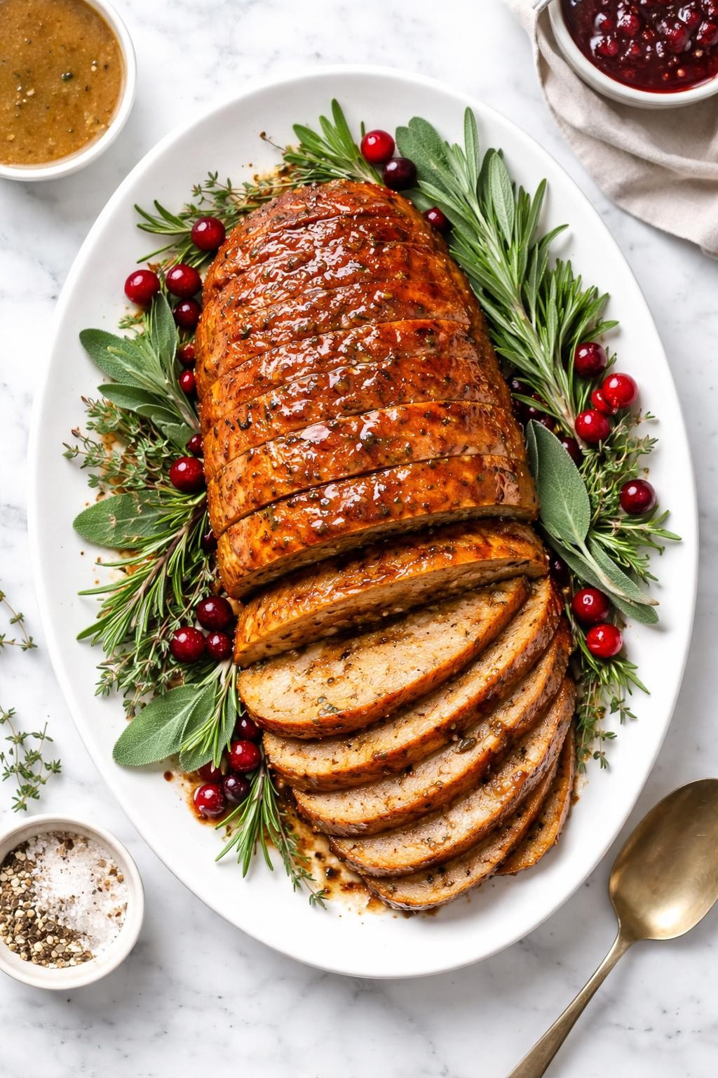 Image Prompt: Top-down realistic food photography of vegan turkey-style seitan roast on a bright white marble countertop, sliced seitan roast glazed and served with herbs, festive homemade Thanksgiving main dish styling, bright natural daylight, clean editorial composition, high detail, no people, no hands, no text, no watermarks, no props with writing.