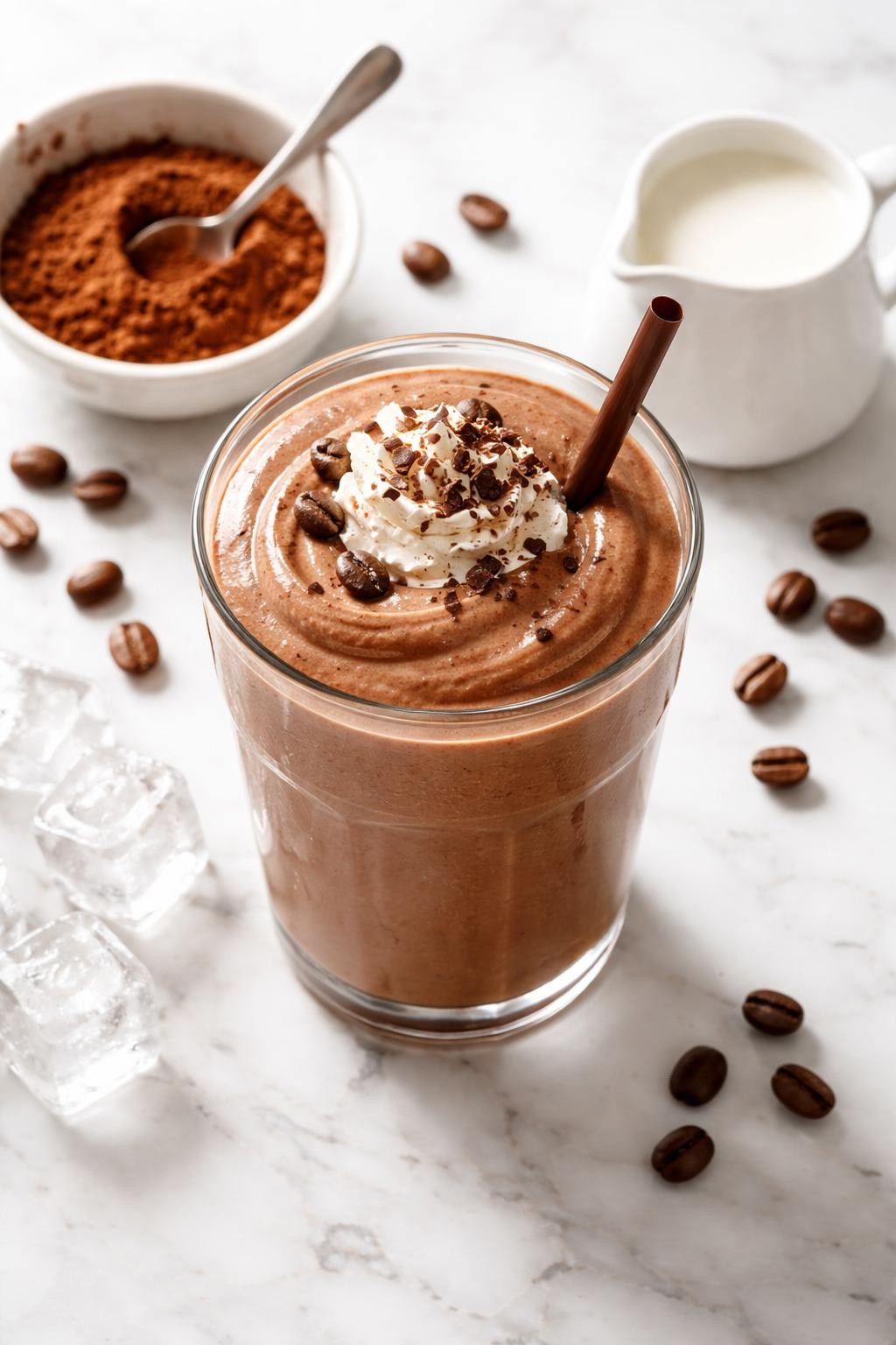 Realistic top-down food photography of a creamy keto mocha smoothie served in a clear glass on a clean white marble countertop. The smoothie is rich chocolate brown, thick, and smooth, styled with cocoa powder in a plain bowl, coffee beans, a small dish of cream, and ice cubes nearby. Soft natural daylight, clean coffee smoothie styling, high detail, realistic creamy texture, no people, no hands, no text, no watermarks, no props with writing.