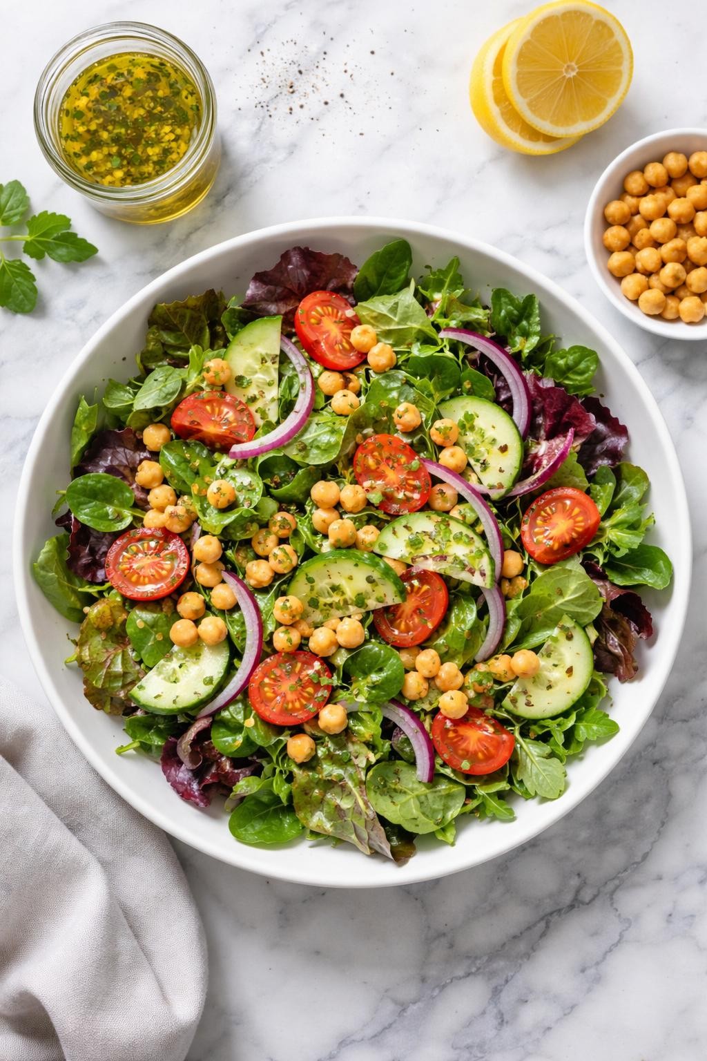 Image Prompt: Realistic top-down editorial food photography of a spring mix salad with chickpeas on a clean white and gray marble countertop, filled with spring mix greens, chickpeas, cucumber, tomatoes, red onion, and lemon herb dressing, fresh simple homemade meal mood, soft natural daylight, clean composition, high detail, realistic food texture, no people, no hands, no text, no watermarks, no props with writing.