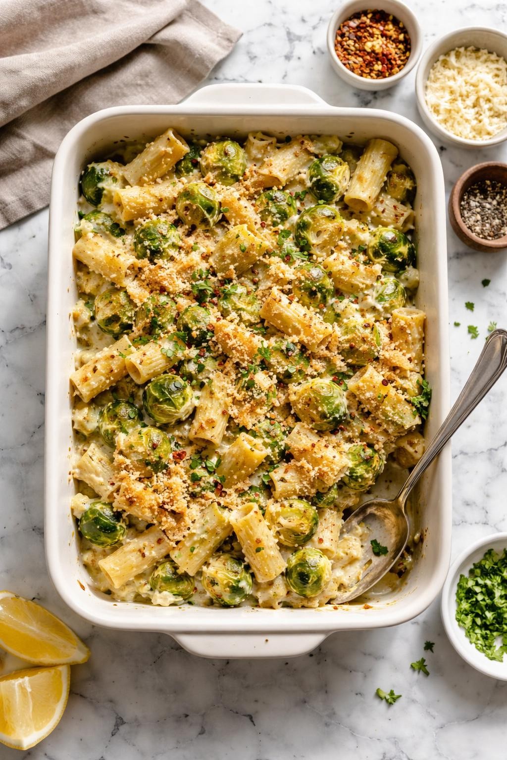 Image Prompt: Top-down realistic editorial food photography of a homemade vegan Brussels sprout pasta bake on a clean white and gray marble countertop, baked pasta mixed with tender Brussels sprouts in a creamy dairy-free sauce, lightly golden on top in a casserole dish, cozy homemade dinner mood, bright natural window lighting, soft shadows, high detail, no people, no hands, no text, no watermarks, no props with writing.