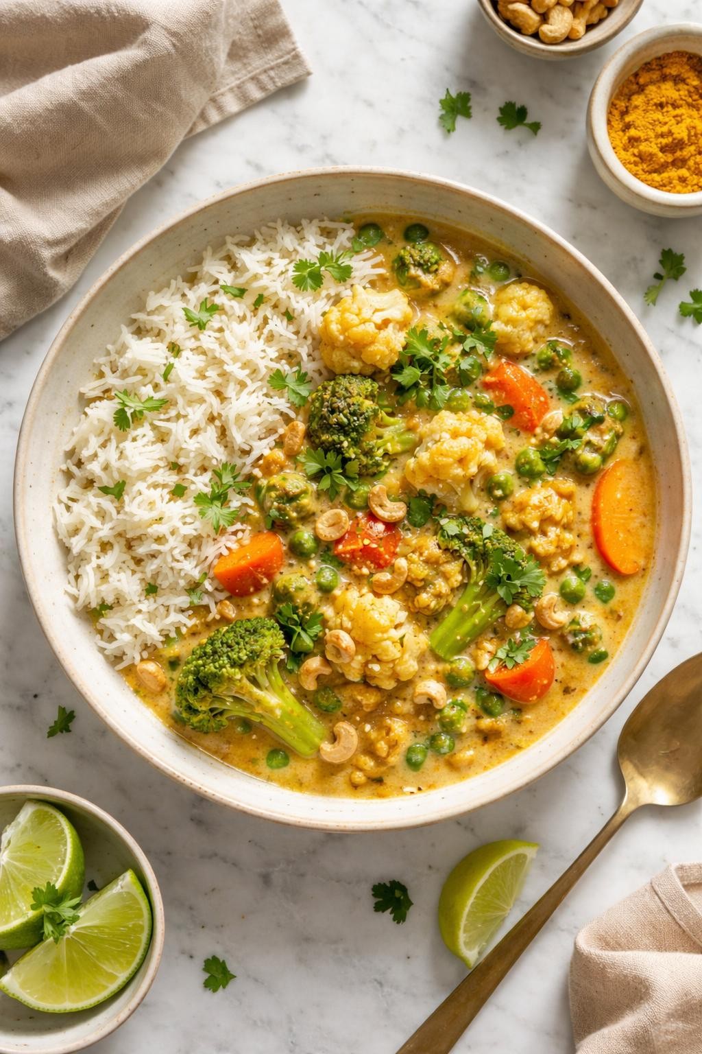 Image Prompt: Realistic top-down editorial food photography of vegan vegetable korma in a shallow bowl on a white marble countertop, mixed vegetables in a creamy pale golden coconut cashew-style sauce with visible herbs and spices, served with basmati rice, cozy homemade Indian dinner styling, bright natural daylight, soft shadows, clean editorial composition, high detail, realistic texture, no people, no hands, no text, no watermarks, no props with writing.