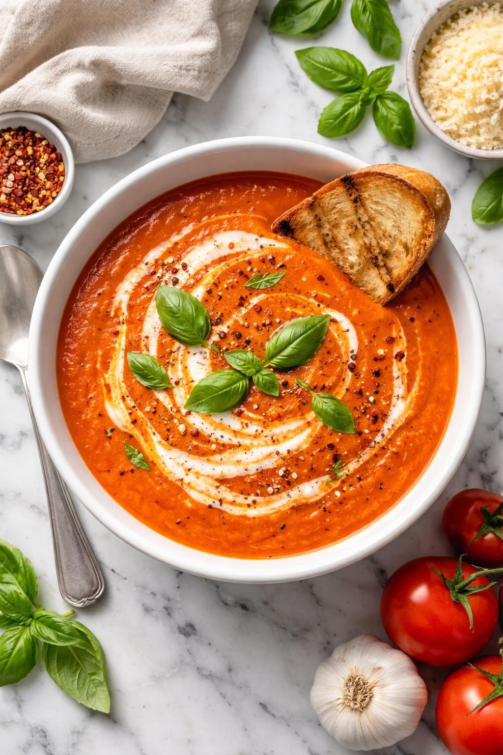 An overheard picture view of a plate of Ultra-Creamy Roasted Tomato Basil Bisque sitting on a marble countertop table in the kitchen, professional food photography style.