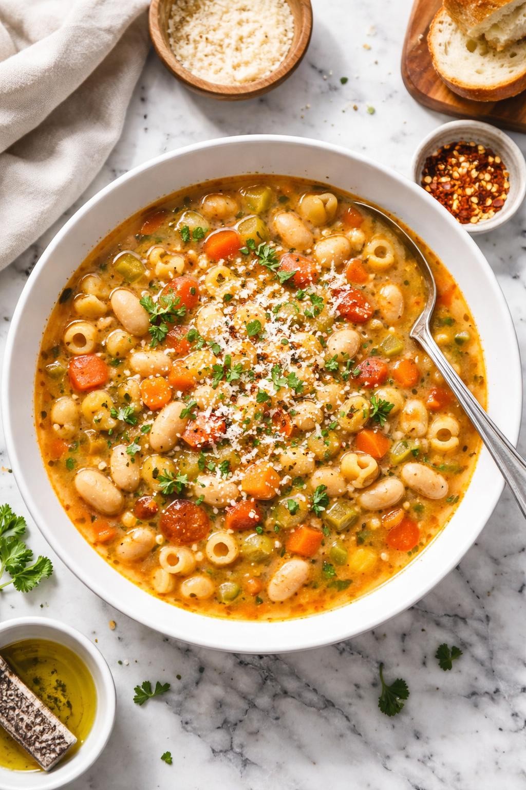 An overheard picture view of a plate of White Bean and Pasta Soup sitting on a marble countertop table in the kitchen, professional food photography style.