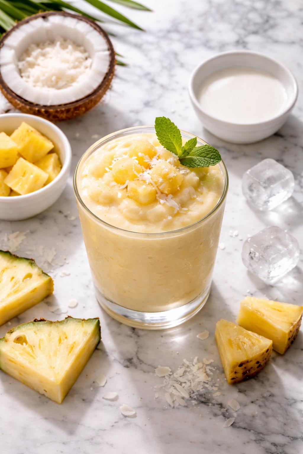 Realistic top-down editorial food photography of a frozen pineapple coconut smoothie in a clear glass on a white and gray marble countertop. The smoothie is pale yellow, creamy, thick, and cold, styled with frozen pineapple chunks, coconut flakes, a small plain dish of coconut milk, and a few ice cubes nearby. Bright natural light, clean island-inspired styling, realistic smoothie texture, high detail, no people, no hands, no text, no watermarks, no props with writing.