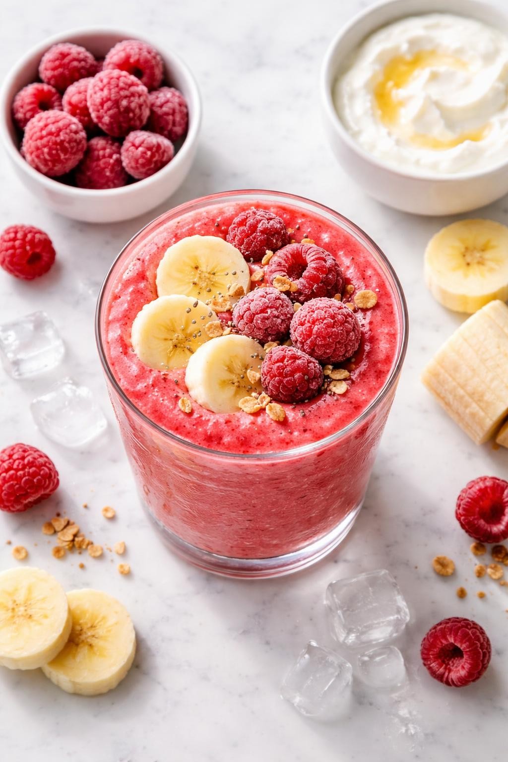 Realistic top-down editorial food photography of a frozen raspberry banana smoothie served in a clear glass on a clean white marble countertop. The smoothie is bright pink-red, thick, frosty, and creamy, styled with frozen raspberries, banana rounds, Greek yogurt, and a few ice crystals nearby. Bright natural light, clean fruity breakfast styling, high detail, realistic smoothie texture, no people, no hands, no text, no watermarks, no props with writing.