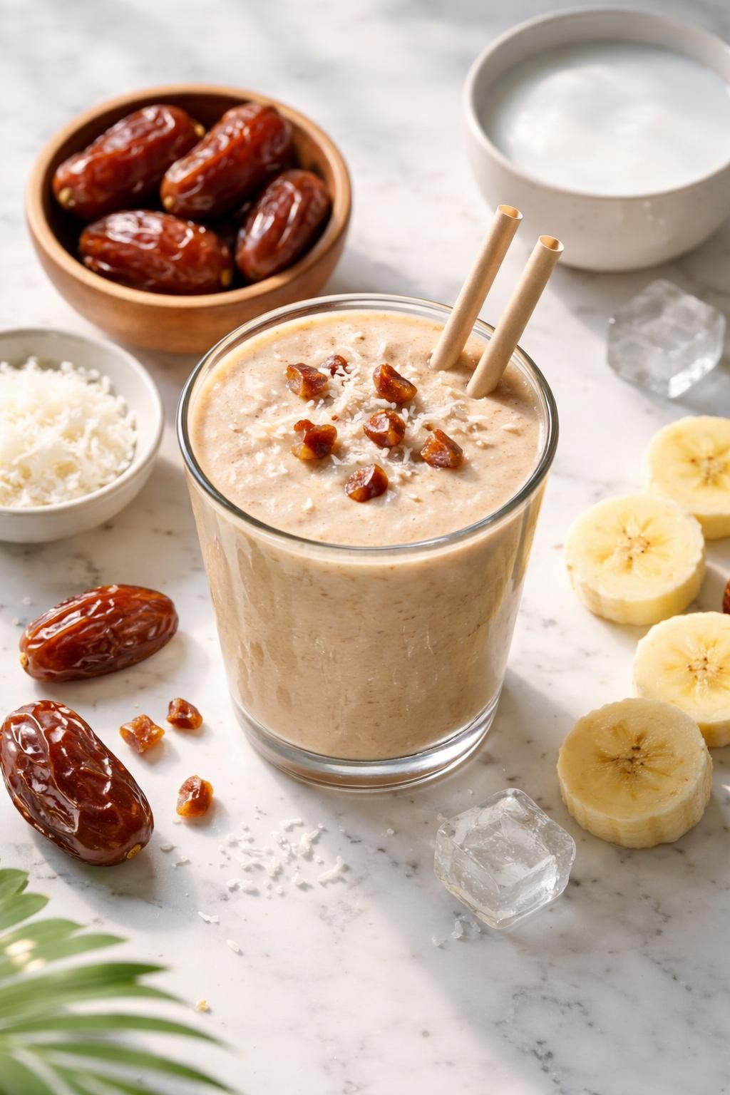 Realistic top-down editorial food photography of a coconut date smoothie served in a clear glass on a clean white marble countertop. The smoothie is pale beige, creamy, thick, and smooth, styled with pitted dates, coconut flakes, coconut milk in a plain bowl, banana slices, and a few ice cubes nearby. Bright natural daylight, clean tropical snack smoothie styling, realistic creamy texture, high detail, no people, no hands, no text, no watermarks, no props with writing.