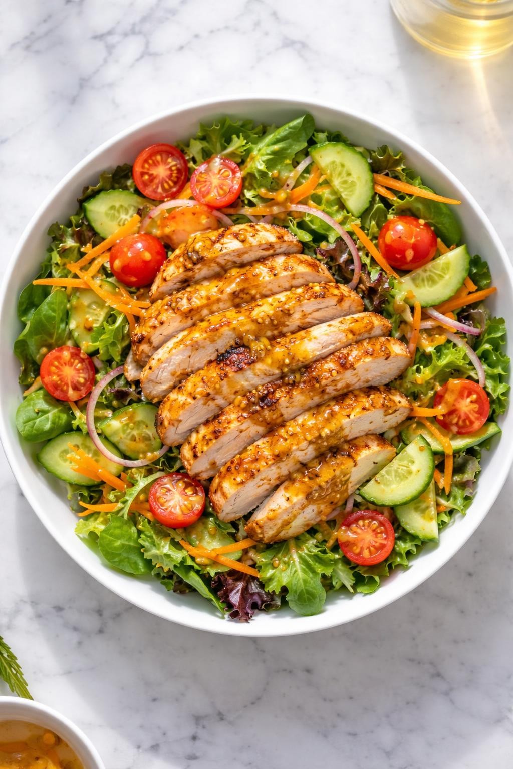 Image Prompt: Realistic top-down editorial food photography of a honey mustard grilled chicken salad in a white bowl on a marble countertop, sliced grilled chicken over mixed greens with cucumber, cherry tomatoes, shredded carrots, and a glossy honey mustard dressing, bright natural window lighting, soft shadows, clean fresh styling, no people, no hands, no text, no watermarks, no props with writing.