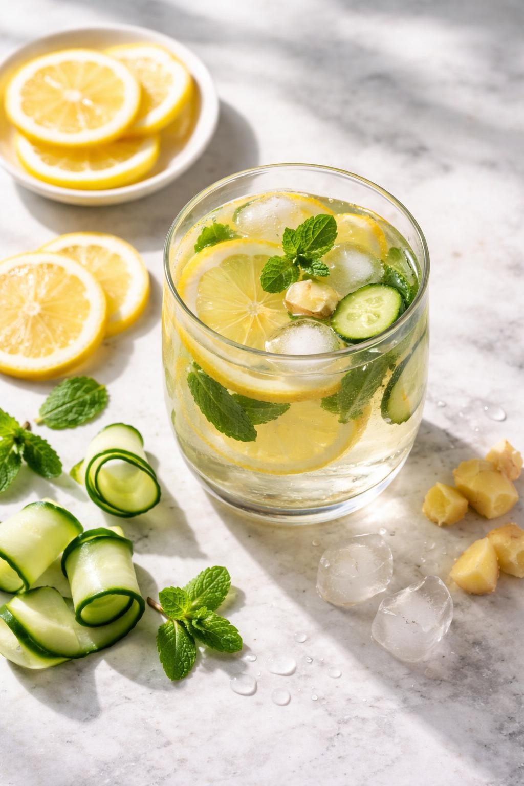Prompt: A realistic top-down editorial food photography shot of a refreshing lemon detox drink served in a clear glass filled with pale yellow lemon water, thin lemon rounds, cucumber slices, fresh mint leaves, tiny peeled ginger pieces, and ice cubes. The glass is sitting on a countertop marble table with soft natural morning light, extra lemon slices, cucumber ribbons, mint leaves, ginger pieces, and a few ice cubes arranged neatly nearby, clean fresh wellness drink mood, no people, no hands, no text, no watermarks, no props with writing.