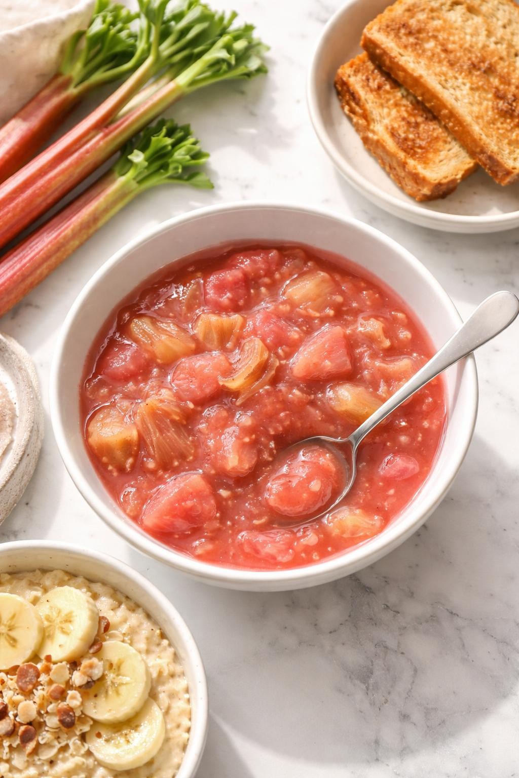 Image Prompt: Top-down realistic editorial food photography of a bowl of homemade vegan rhubarb compote on a clean white marble countertop, glossy soft pink rhubarb sauce with tender fruit pieces, a spoon resting in the bowl, styled beside plain oatmeal and toast, bright natural daylight, fresh spring breakfast mood, no people, no hands, no text, no watermarks, no props with writing.