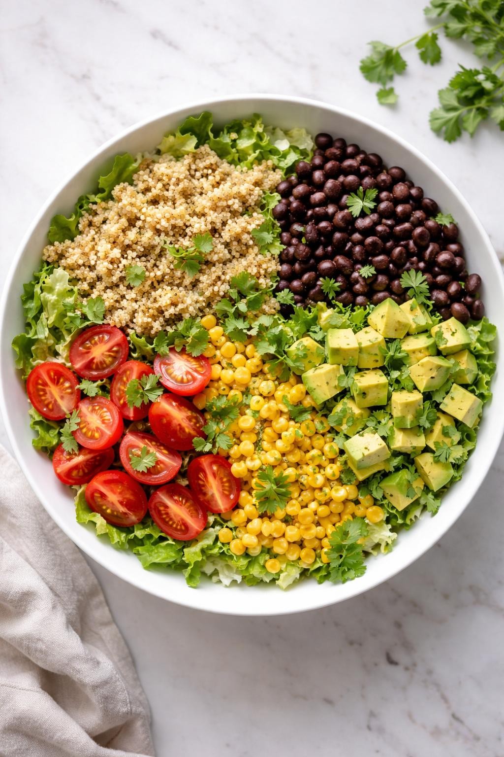 Image Prompt: Top-down realistic food photography of quinoa taco salad in a bright white bowl on a clean marble countertop, chopped lettuce topped with quinoa, black beans, tomatoes, corn, avocado, and cilantro, colorful homemade vegan lunch styling, bright natural daylight, clean editorial composition, high detail, no people, no hands, no text, no watermarks, no props with writing.