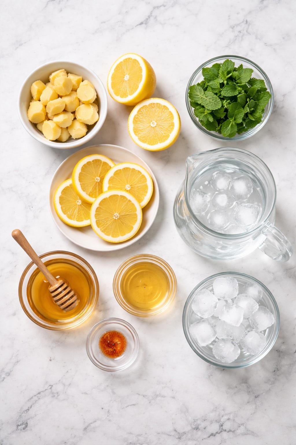 Prompt: A realistic top-down flat lay food photography shot of all ingredients for a best ginger detox drink arranged neatly on a countertop marble table: fresh peeled ginger pieces, lemon halves and lemon rounds, fresh mint leaves, honey in a small clear bowl, cold water in a clear glass pitcher, apple cider vinegar in a small clear bowl, a tiny pinch of cayenne pepper in a small clear bowl, and ice cubes in a small clear bowl. Clean natural lighting, fresh simple drink styling, neat composition, no people, no hands, no text, no watermarks, no props with writing.