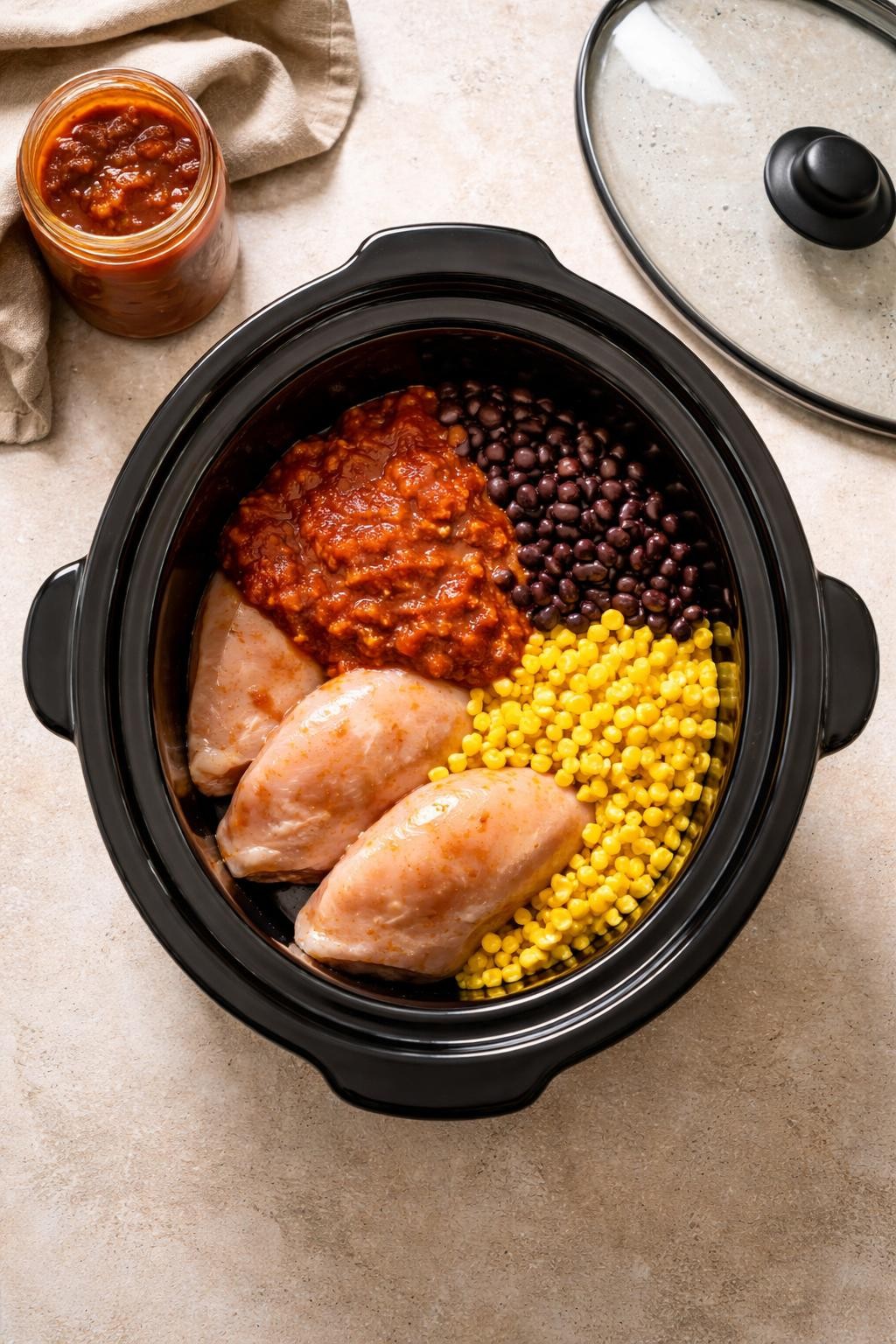 Photo prompt: Realistic top-down editorial food photography of a slow cooker crock with uncooked chicken breasts, a jar of salsa, black beans, and corn, ready to be turned on. The slow cooker lid next to it. Soft natural light, set-it-and-forget-it mood, no people, no hands, no text, no watermarks, no props with writing.
