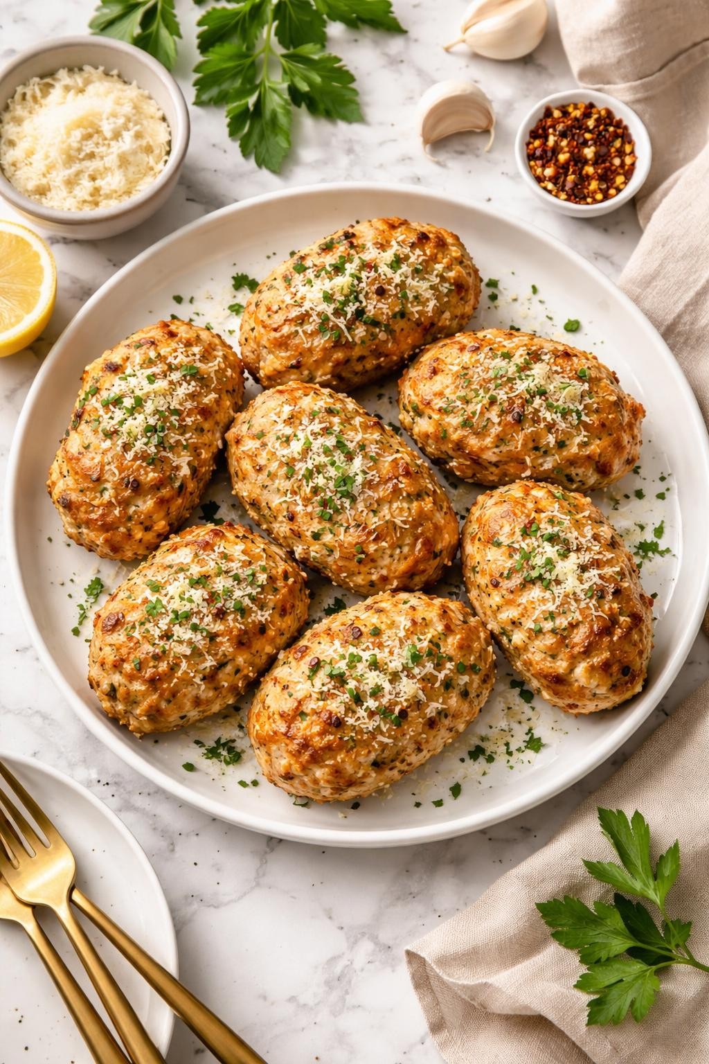 An overheard picture view of a plate of Garlic Parmesan Chicken Meatloaves sitting on a marble countertop table in the kitchen, professional food photography style.