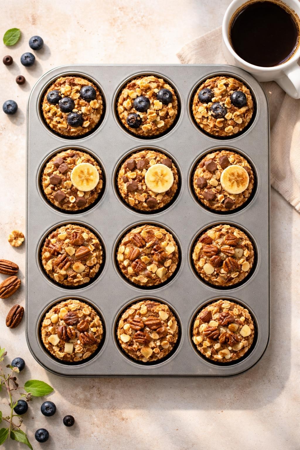 "Overhead realistic shot of a muffin tin filled with twelve baked oatmeal cups in three rows: blueberry and walnut, chocolate chip and banana, apple cinnamon with pecans. The cups are golden brown and slightly puffed. A cup of coffee next to the tin. Soft morning light, batch-baked breakfast prep, no people, no hands, no text, no watermarks."
