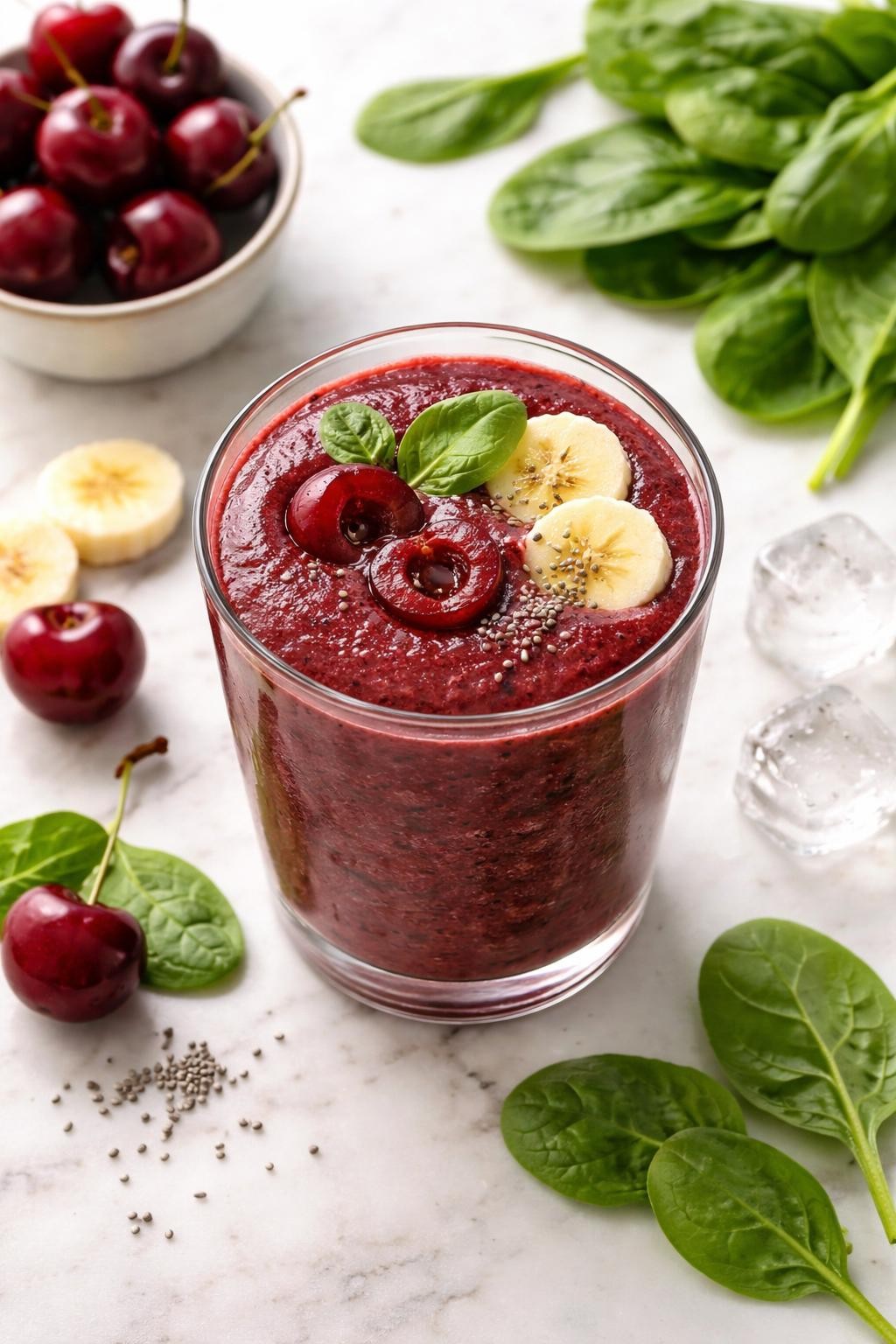 Realistic top-down editorial food photography of a cherry spinach smoothie in a clear glass on a light marble countertop. The smoothie is deep berry-red with a slight green undertone, thick and smooth, styled with pitted cherries, spinach leaves, banana slices, chia seeds, and a few ice cubes nearby. Soft natural daylight, clean healthy smoothie styling, high detail, realistic drink texture, no people, no hands, no text, no watermarks, no props with writing.