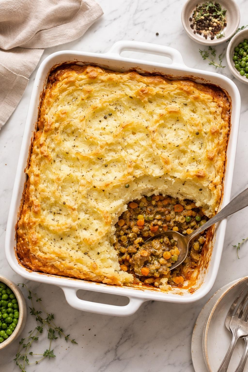 Image Prompt: Top-down realistic editorial food photography of vegan TVP shepherd’s pie in a baking dish on a clean white marble countertop, savory TVP and vegetable filling under a golden mashed potato topping, one spooned section removed to show the layers inside, warm cozy homemade dinner mood, soft natural daylight, clean editorial styling, high detail, no people, no hands, no text, no watermarks, no props with writing.