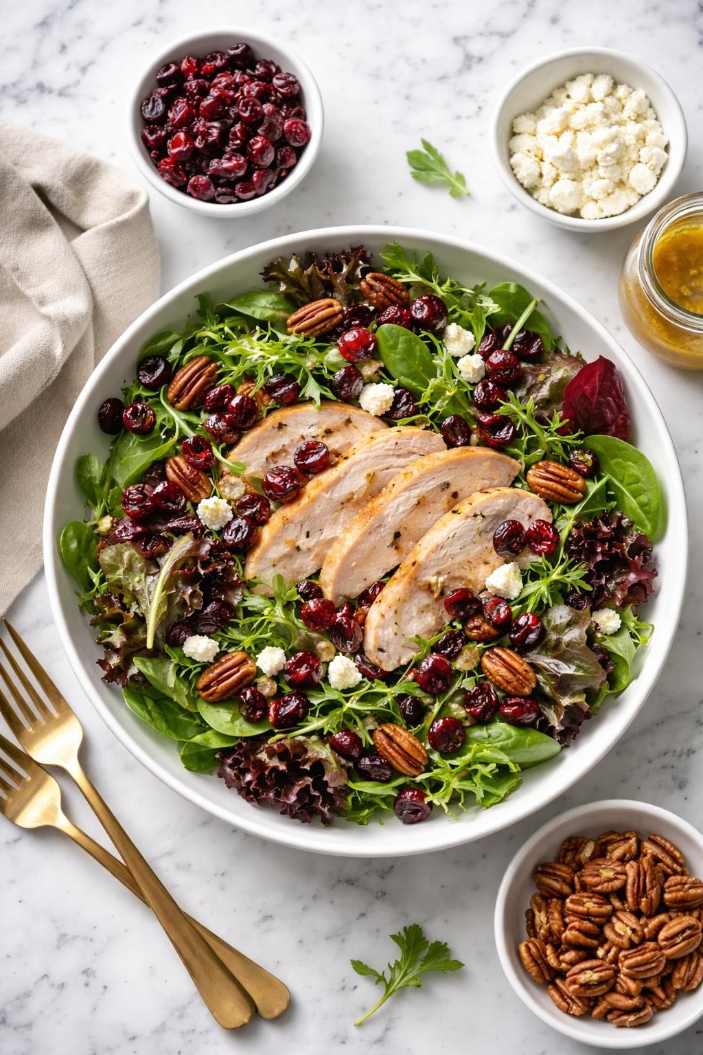 Image Prompt: Realistic top-down editorial food photography of a turkey and cranberry spring mix salad on a clean white and gray marble countertop, filled with spring mix greens, sliced turkey, dried cranberries, pecans, goat cheese, and light vinaigrette, fresh homemade lunch styling, soft natural daylight, clean composition, high detail, realistic food texture, no people, no hands, no text, no watermarks, no props with writing.