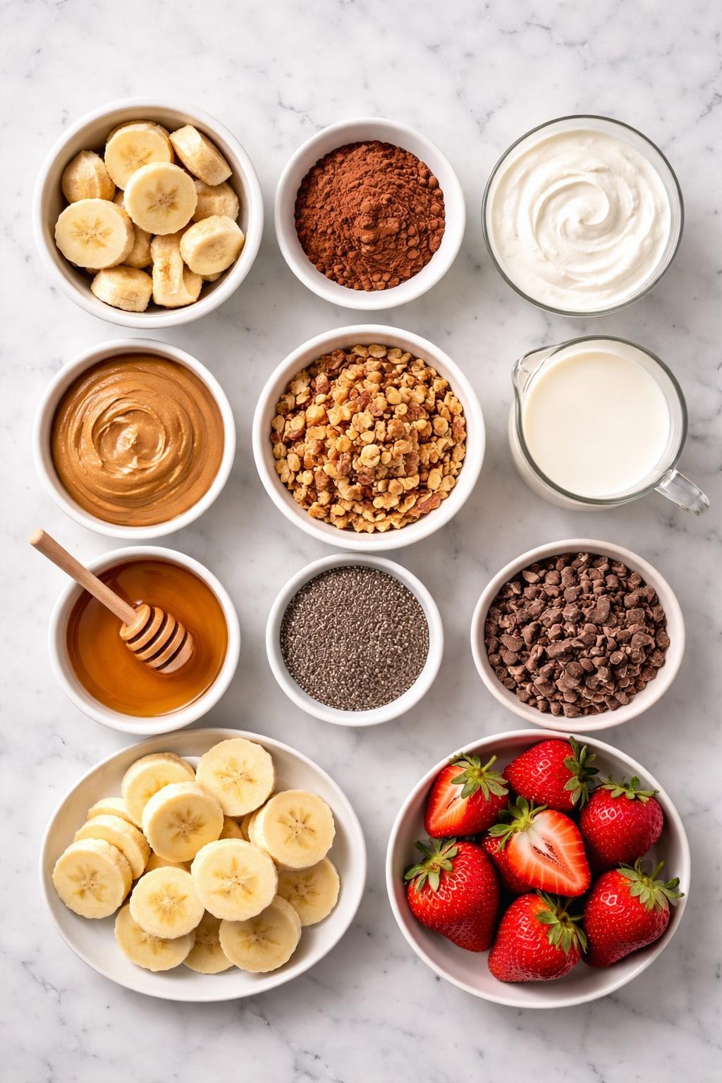 Prompt: A realistic top-down flat lay food photography image of chocolate smoothie bowl ingredients arranged neatly on a countertop marble table. Include frozen banana slices, unsweetened cocoa powder in a small plain bowl, thick Greek yogurt, almond milk, peanut butter, honey, granola, chia seeds, cacao nibs, shredded coconut, fresh banana slices, and fresh strawberries. Clean bright natural light, simple organized layout, no people, no hands, no text, no watermarks, no props with writing.