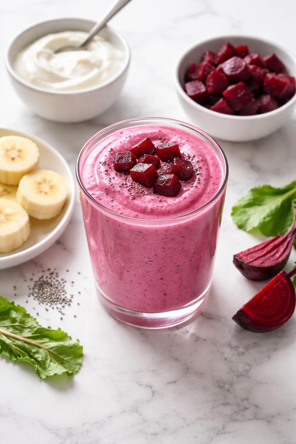 Realistic top-down editorial food photography of a creamy beet yogurt smoothie served in a clear glass on a clean white marble countertop. The smoothie is bright pink, thick, smooth, and creamy, styled with cooked beet cubes, plain Greek yogurt in a small bowl, banana slices, and chia seeds nearby. Bright natural window lighting, clean breakfast smoothie styling, realistic creamy texture, high detail, no people, no hands, no text, no watermarks, no props with writing.