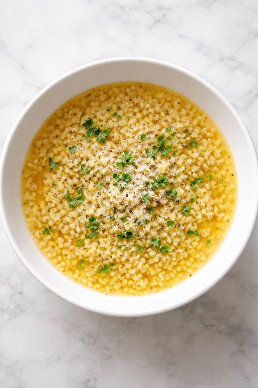 Image Prompt: Realistic top-down editorial food photography of garlic butter pastina soup in a simple white bowl on a white marble countertop, tiny pastina pasta in a golden buttery broth with minced garlic, black pepper, and parmesan, warm homemade comfort food mood, bright natural light, no people, no hands, no text, no watermarks, no props with writing.