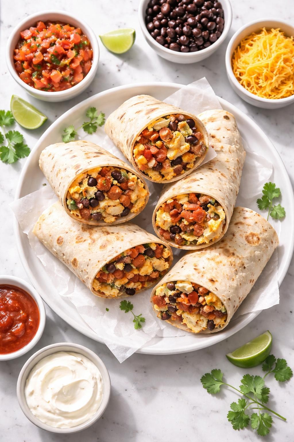 Image Prompt: Realistic top-down editorial food photography of high protein Mexican breakfast burritos on a clean white marble countertop, flour tortillas filled with scrambled eggs, turkey sausage, black beans, cheese, and salsa, burritos cut open to show the filling, bright natural daylight, hearty homemade breakfast mood, no people, no hands, no text, no watermarks, no props with writing.
