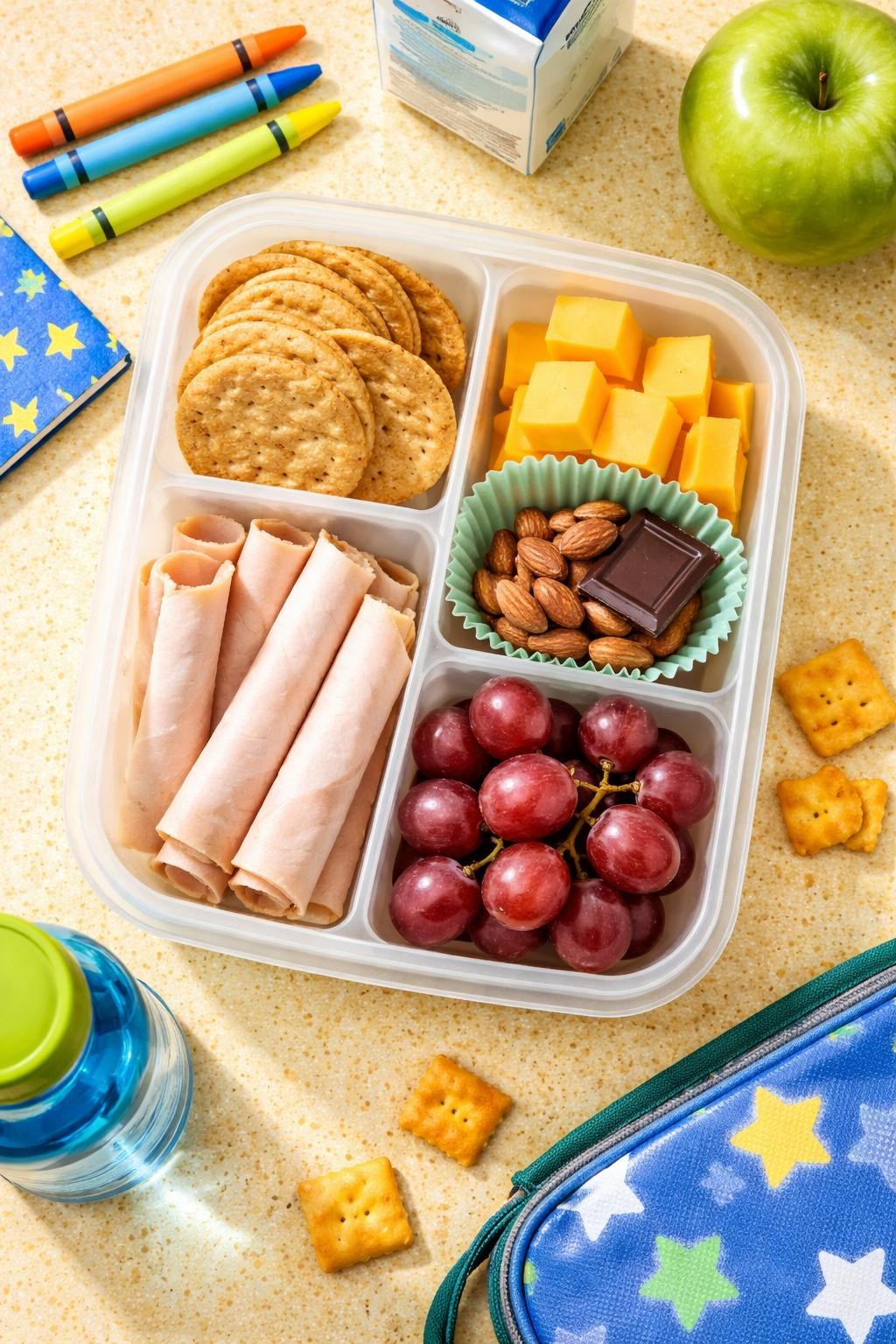 "Realistic top-down food photography of a divided lunch container on a school lunch table. The container has round crackers, sliced cheddar cheese, rolled turkey slices, red grapes, and a small chocolate square. A silicone cupcake liner holds a few almonds. Bright cheerful lighting, kid-friendly and nostalgic lunch prep, no people, no hands, no text, no watermarks."