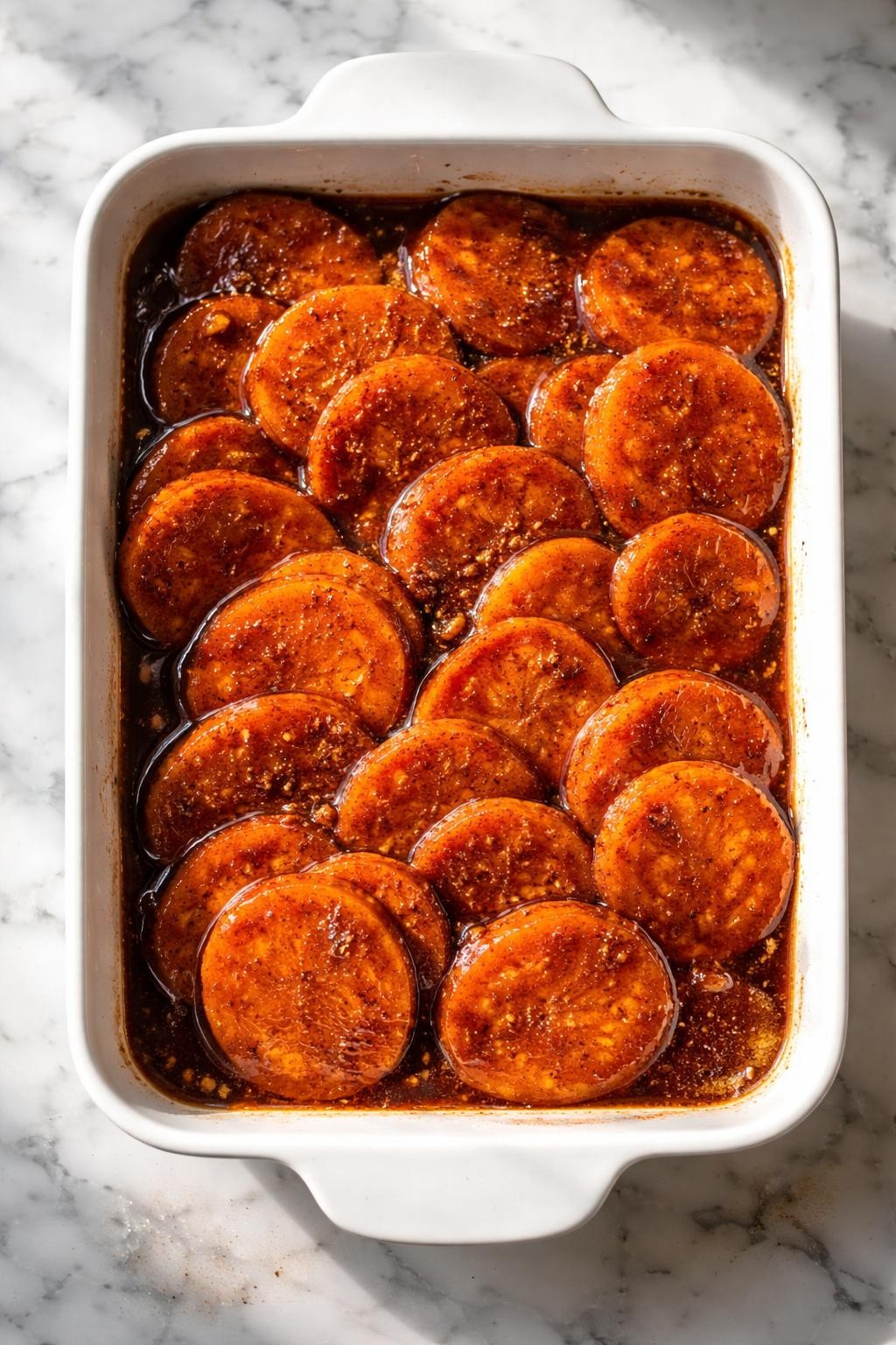 Image Prompt: Top-down realistic food photography of vegan candied yams in a white baking dish on a clean marble countertop, sliced sweet potatoes glazed in a glossy brown sugar and cinnamon syrup, warm natural daylight, cozy holiday soul food mood, no people, no hands, no text, no watermarks, no props with writing.