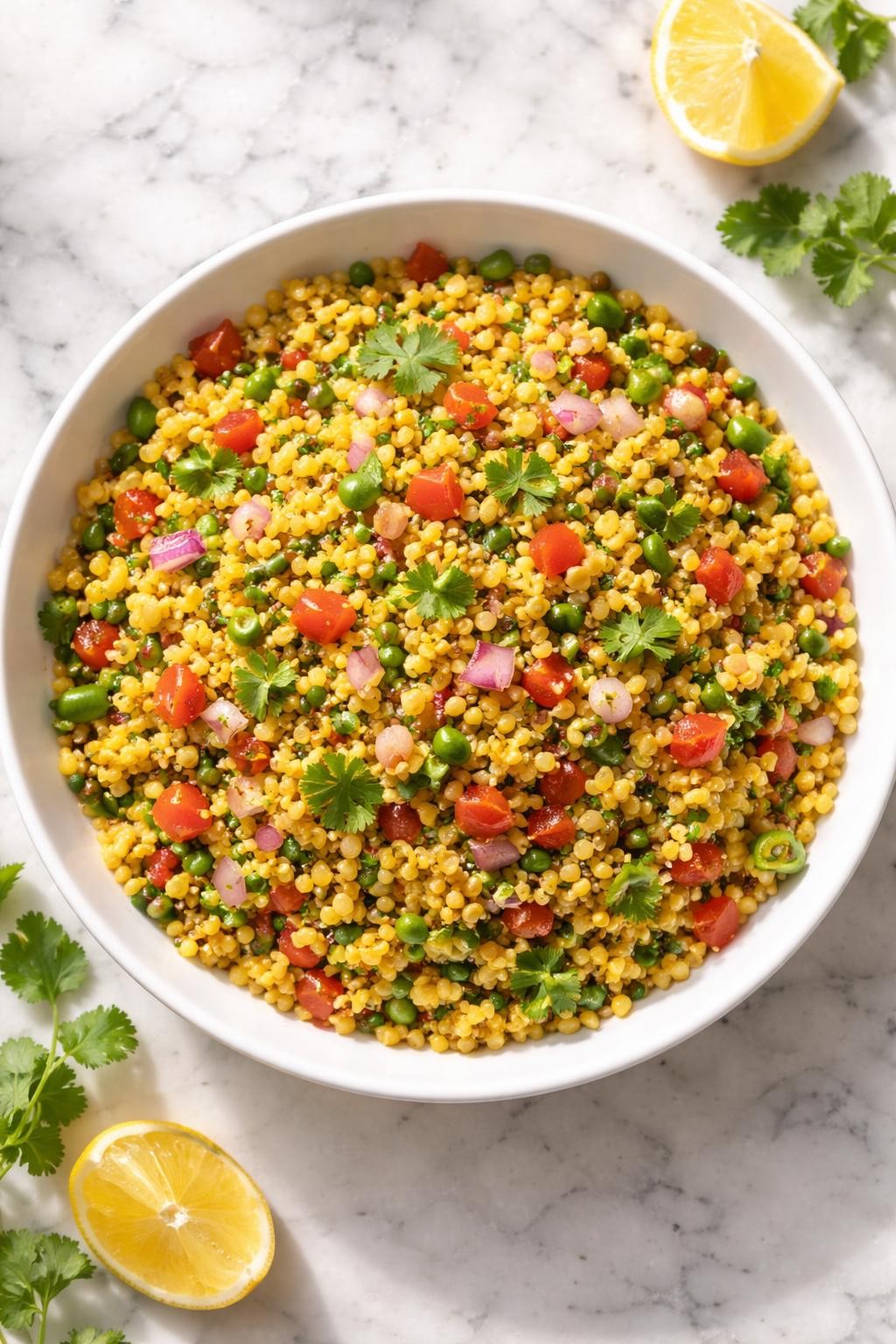 Image Prompt: Top-down realistic food photography of Indian moong dal salad in a white bowl on a clean marble countertop, cooked yellow moong dal mixed with onion, tomato, cilantro, lemon juice, and mild spices, hearty homemade Indian salad styling, bright natural daylight, clean editorial composition, high detail, no people, no hands, no text, no watermarks, no props with writing.