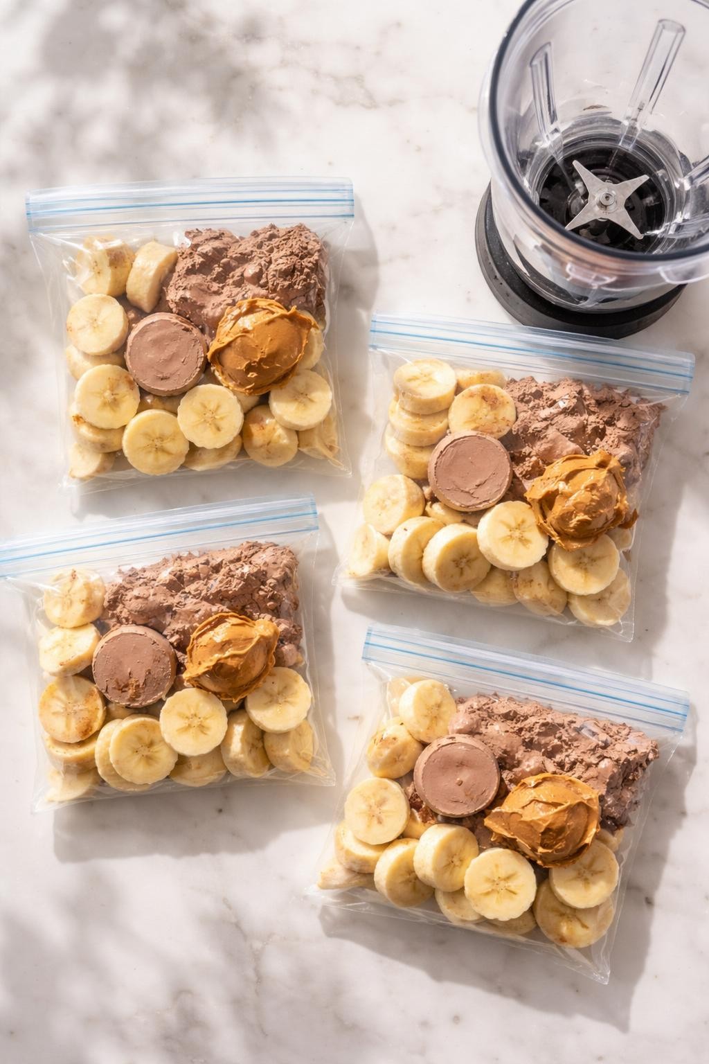 "Overhead realistic shot of four freezer bags, each containing banana slices, a scoop of chocolate protein powder, and a spoonful of peanut butter. A blender next to the bags. Bright morning light, make-ahead smoothie prep, no people, no hands, no text, no watermarks."