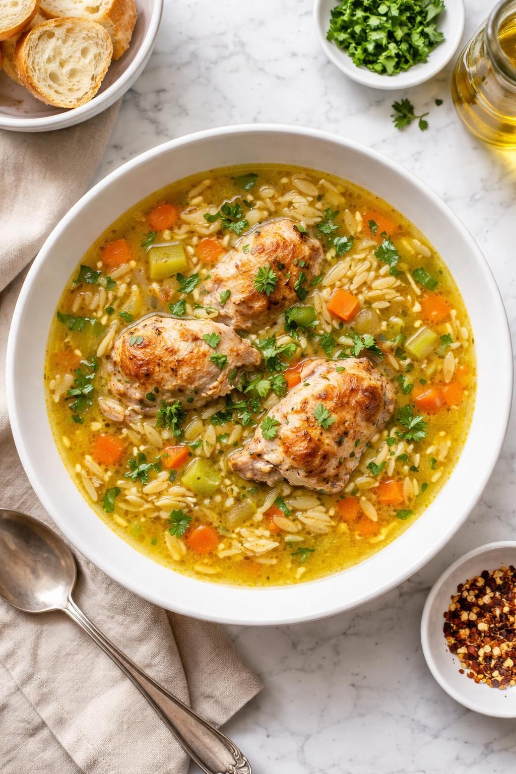 Image Prompt: Realistic top-down editorial food photography of chicken thigh orzo soup in a wide white bowl on a white marble countertop, golden broth with tender chicken thighs, small orzo pasta, carrots, celery, and parsley, cozy homemade lunch styling, bright natural daylight, no people, no hands, no text, no watermarks, no props with writing.