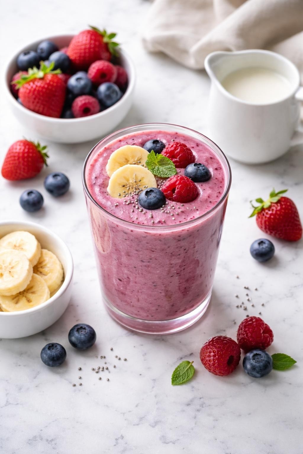 Realistic top-down editorial food photography of a 3-ingredient mixed berry milk smoothie in a clear glass on a clean white marble countertop. The smoothie is deep pink-purple, thick, smooth, and cold, styled with mixed berries, banana slices, and a small plain bowl of milk nearby. Bright natural window lighting, clean easy breakfast styling, high detail, realistic smoothie texture, no people, no hands, no text, no watermarks, no props with writing.